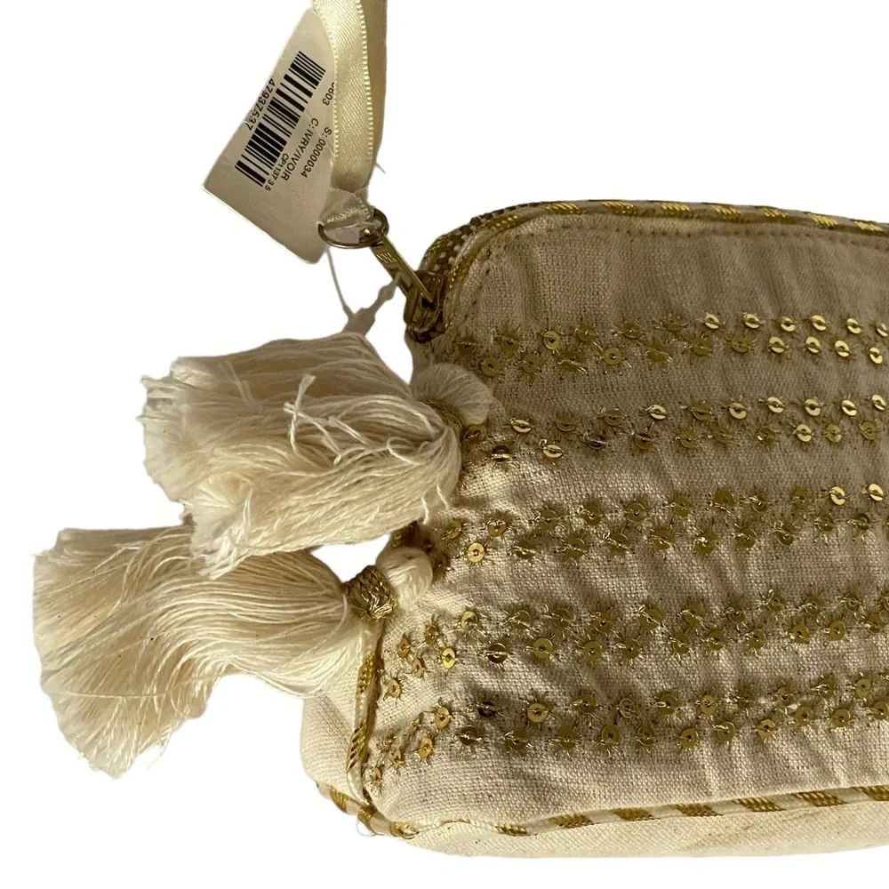 ANTHROPOLGIE Cosmetic Makeup Bag Bundle Natural Colors Tassels Sequins
